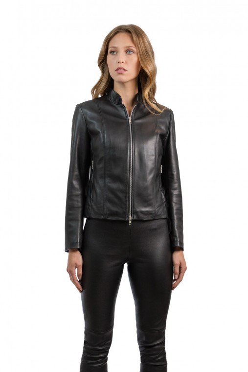 Short Zip-Front Leather Jacket